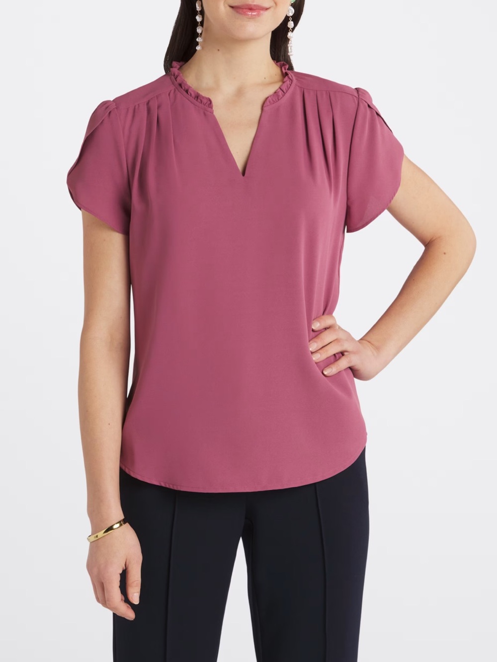 41 Hawthorn Dusty Rose Split-Neck Tulip Sleeve Short Sleeved Blouse